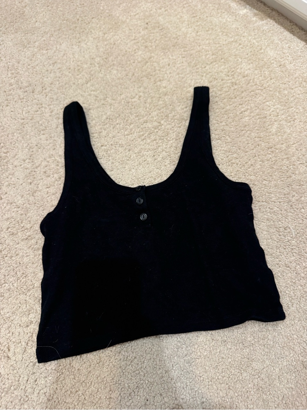 Black Ribbed Tank Top with Button Detail - Women